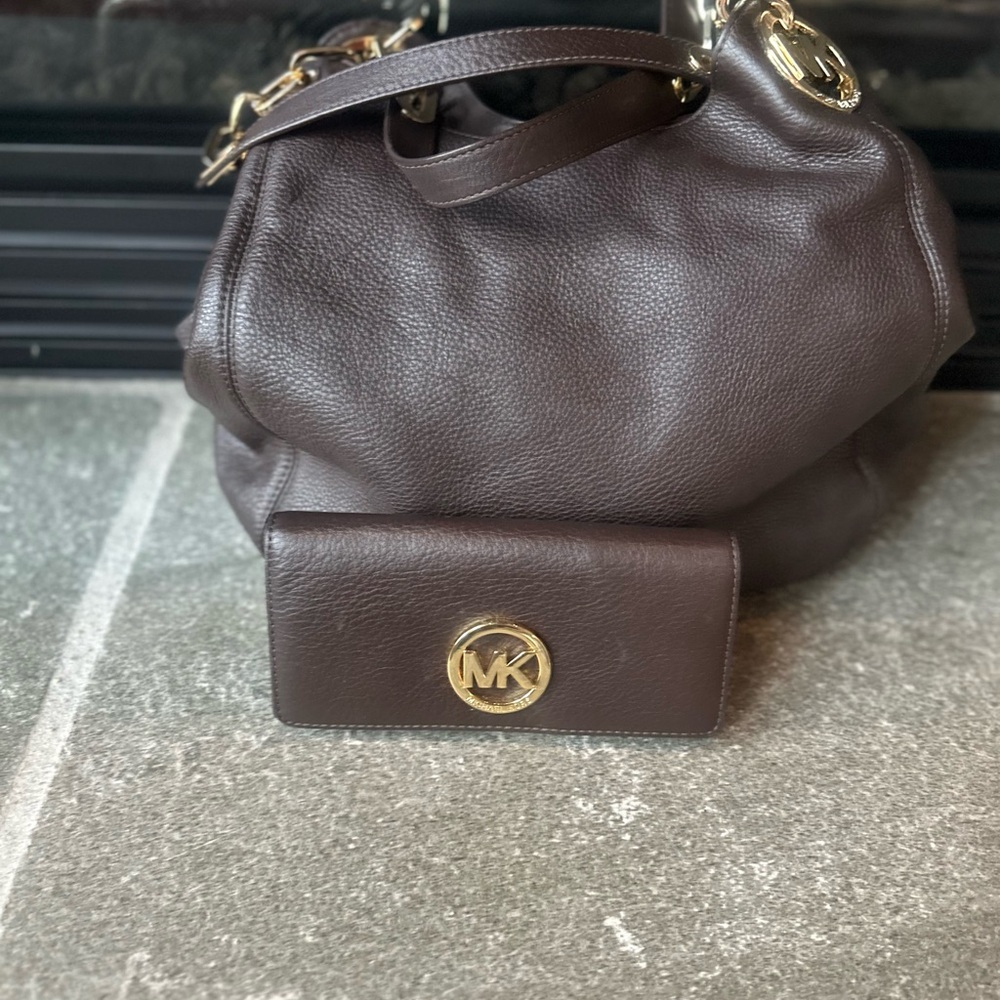 Michael Kors Dark Brown Shoulder Bag and Wallet Set